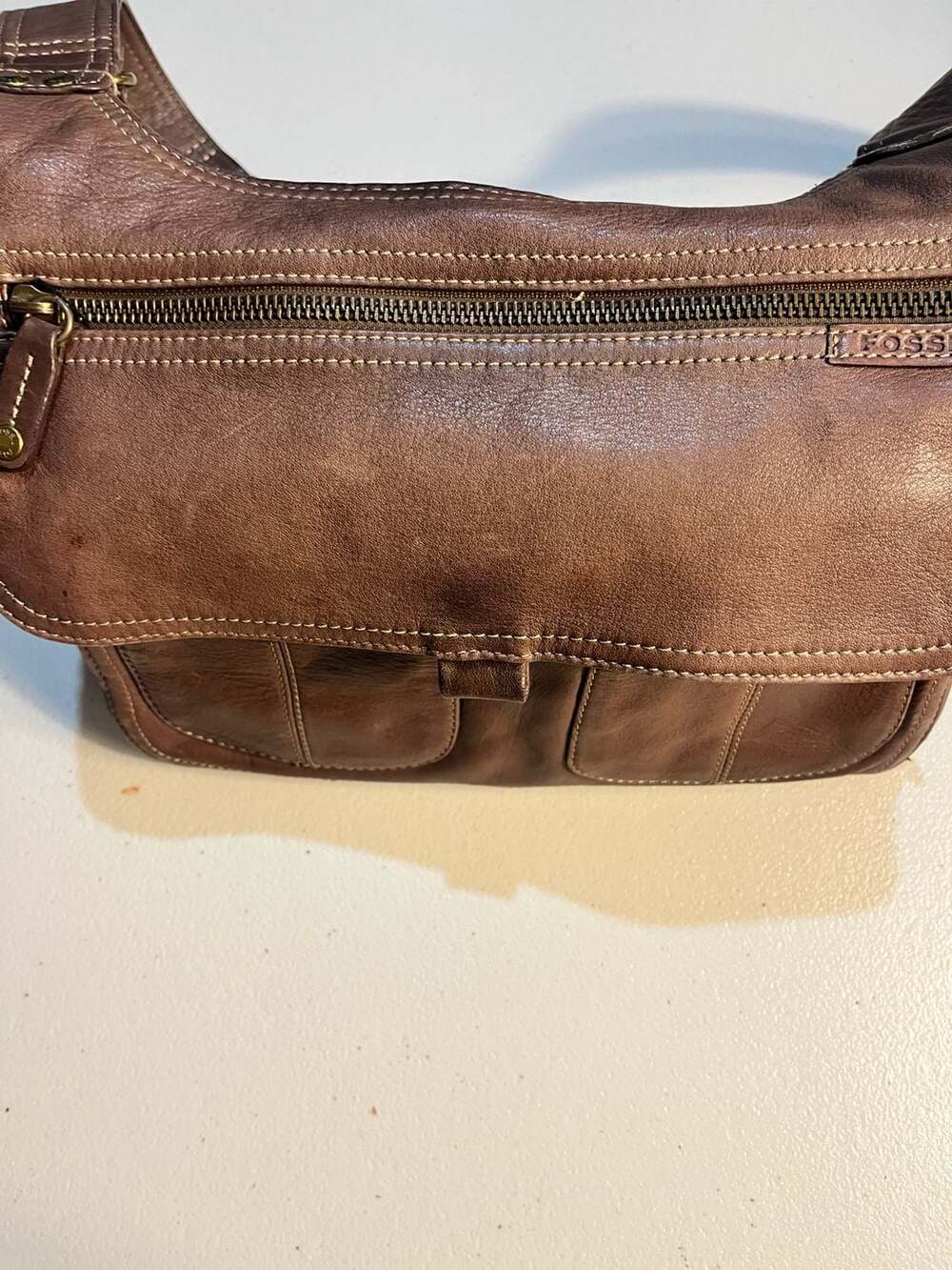 Fossil Brown Leather Flap Crossbody Messenger Shoulder Bag with Front Pockets